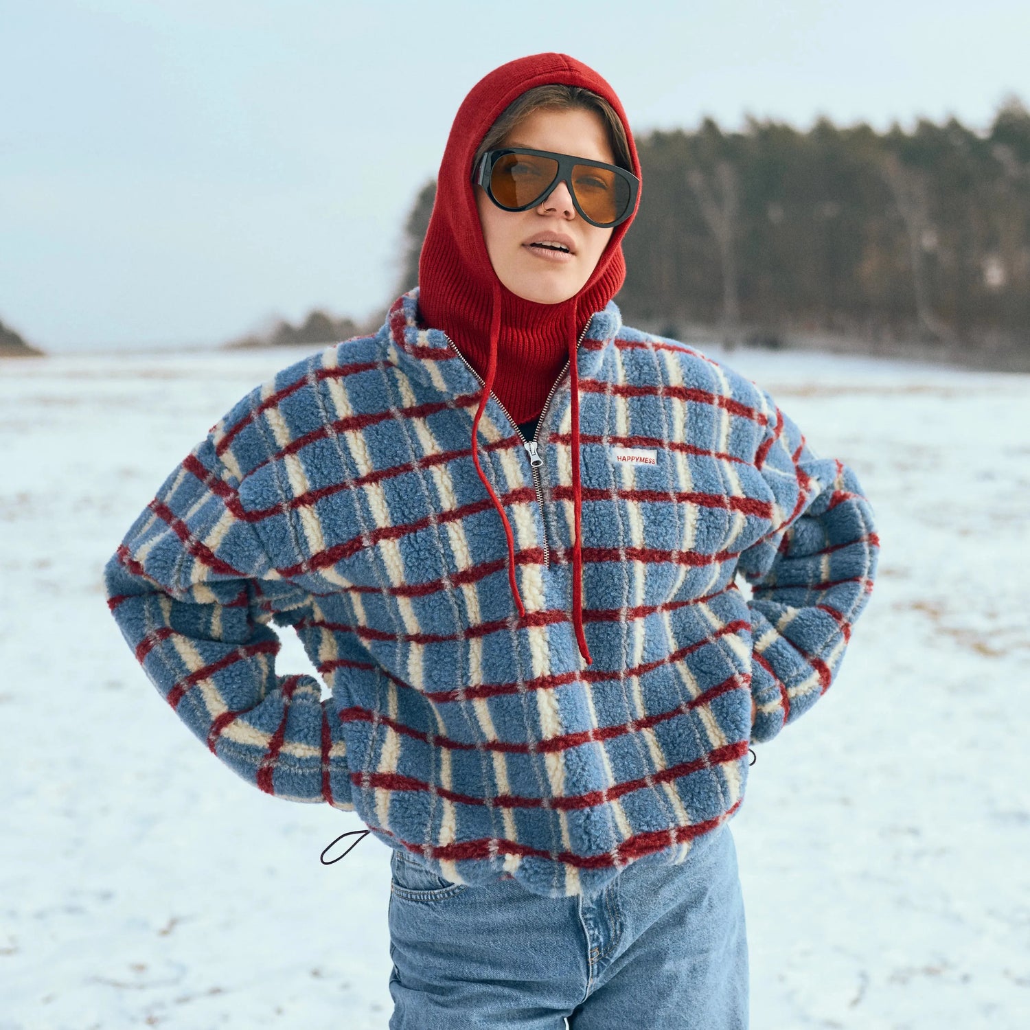 Oversized blue merino wool jacket made from 100% merino fleece with zipper and adjustable waist