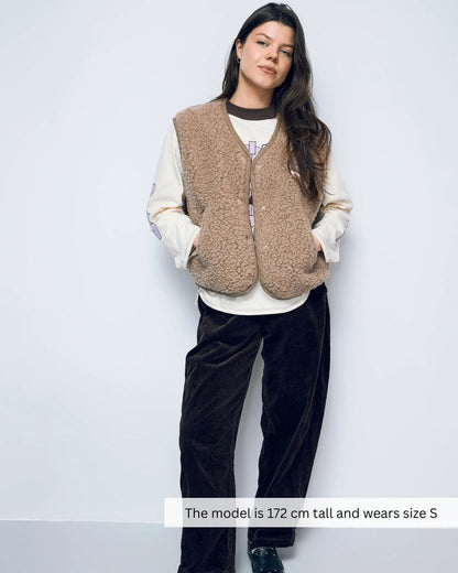 Full outfit with women's merino wool vest by Happy Mess natural wool layer perfect for Canadian weather